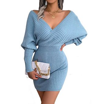 Women Off Shoulder V Neck Long Sleeve Ribbed Knit Dress Fall Winter Wrap Mini Sweater Dress