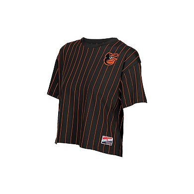 Women's New Era Black Baltimore Orioles Throwback Meshback Pinstripe Boxy T-Shirt