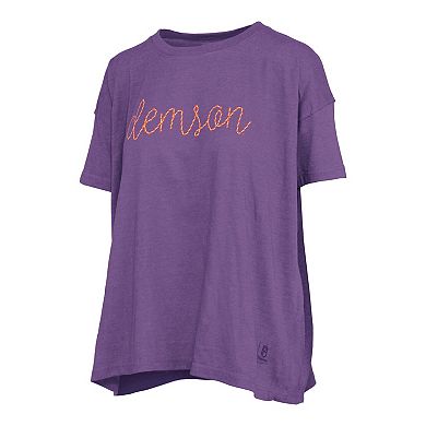 Women's Pressbox Heather Purple Clemson Tigers Swirl Script Twisted Team Color Stitched Oversized T-Shirt