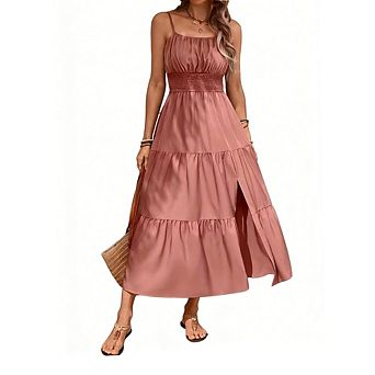 Women's Beach Casual Boho Dress Sleeveless Spaghetti Strap Dress Smocked Tiered Long Sundress