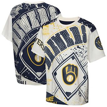Youth Outerstuff Cream Milwaukee Brewers Big League Top Player Bold All-Over-Print T-Shirt
