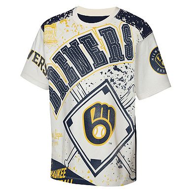Youth Outerstuff Cream Milwaukee Brewers Big League Top Player Bold All-Over-Print T-Shirt