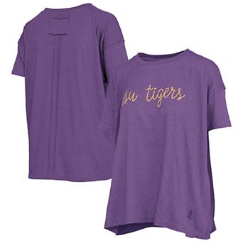 Women's Pressbox Purple LSU Tigers Swirl Script Twisted Team Color Stitched Oversized T-Shirt