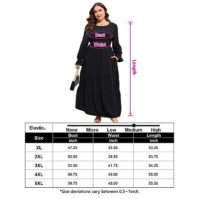 Women's Plus Size Long Sleeve Round Neck Midi Dress with Pockets