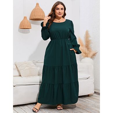 Women's Plus Size Long Sleeve Round Neck Midi Dress with Pockets