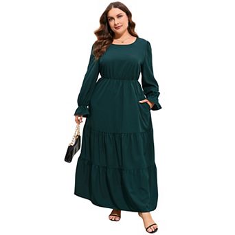 Women's Plus Size Long Sleeve Round Neck Midi Dress with Pockets
