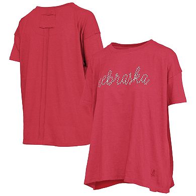 Women's Pressbox Heather Scarlet Nebraska Huskers Swirl Script Twisted Team Color Stitched Oversized T-Shirt