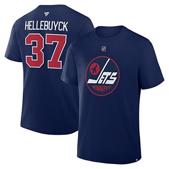 Men's Fanatics Connor Hellebuyck Navy Winnipeg Jets Authentic Stack Name & Number T-Shirt