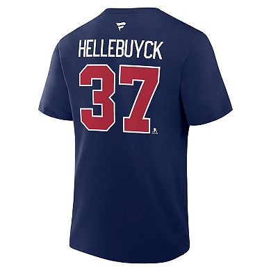 Men's Fanatics Connor Hellebuyck Navy Winnipeg Jets Authentic Stack Name & Number T-Shirt