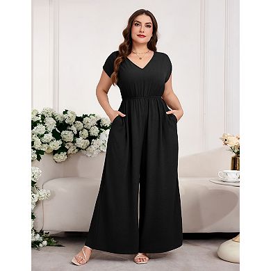 Women's Plus Size V Neck Short Sleeve Casual Jumpsuit