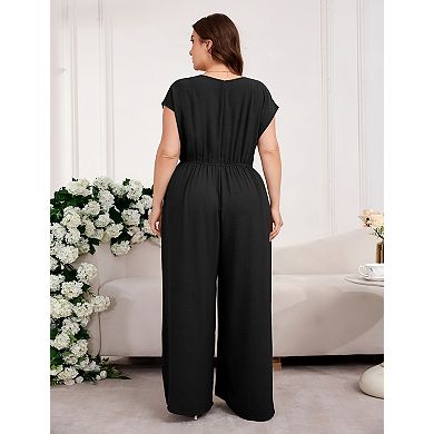 Women's Plus Size V Neck Short Sleeve Casual Jumpsuit