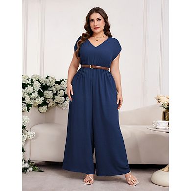 Women's Plus Size V Neck Short Sleeve Casual Jumpsuit