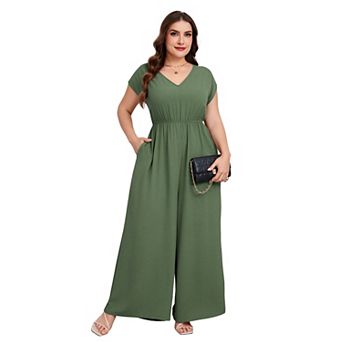 Women's Plus Size V Neck Short Sleeve Casual Jumpsuit