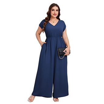 Women's Plus Size V Neck Short Sleeve Casual Jumpsuit