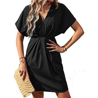 Women Wedding Guest V Neck Dress Ruched Front Batwing Sleeve Midi Dress Flowy Ruched Waist Dress