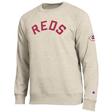 Men's Champion Oatmeal Cincinnati Reds All-Star Soft Felt Raglan Sweatshirt