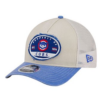 Men's New Era Light Beige/Royal Chicago Cubs Frayed M-Crown A-Frame 9FORTY Trucker Adjustable Hat