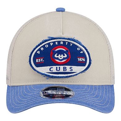 Men's New Era Light Beige/Royal Chicago Cubs Frayed M-Crown A-Frame 9FORTY Trucker Adjustable Hat