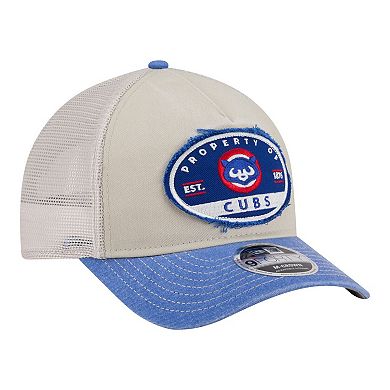 Men's New Era Light Beige/Royal Chicago Cubs Frayed M-Crown A-Frame 9FORTY Trucker Adjustable Hat