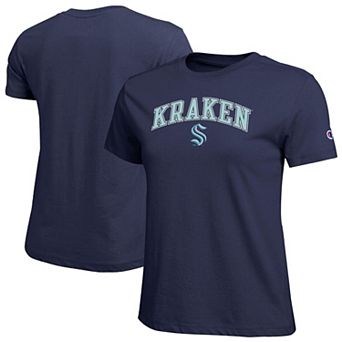 Women's Champion Navy Seattle Kraken Arch Mascot Logo T-Shirt
