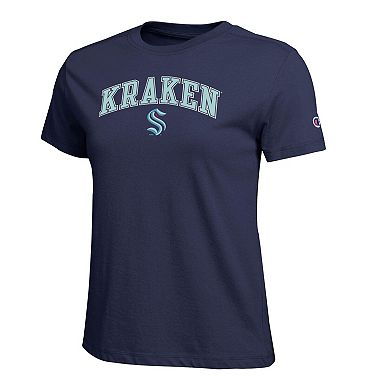 Women's Champion Navy Seattle Kraken Arch Mascot Logo T-Shirt