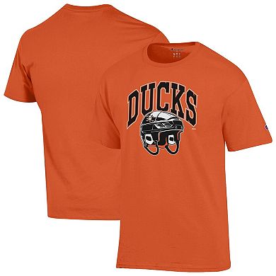 Men's Champion Orange Anaheim Ducks Helmet T-Shirt