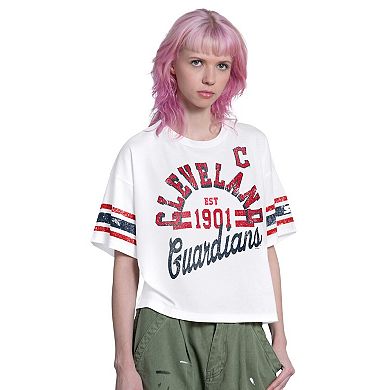 Women's Starter White Cleveland Guardians Cropped Hurry Up Offense T-Shirt