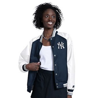 Women's Starter White/Navy New York Yankees Blitz Varsity Raglan Full-Snap Satin Jacket