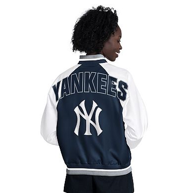 Women's Starter White/Navy New York Yankees Blitz Varsity Raglan Full-Snap Satin Jacket