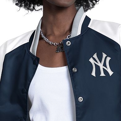 Women's Starter White/Navy New York Yankees Blitz Varsity Raglan Full-Snap Satin Jacket