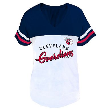 Women's Profile White/Navy Cleveland Guardians Plus Size Two-Stripe V-Neck T-Shirt