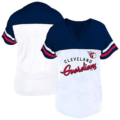 Women's Profile White/Navy Cleveland Guardians Plus Size Two-Stripe V-Neck T-Shirt