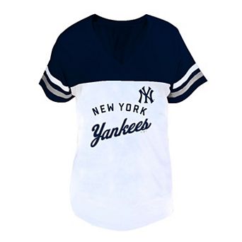 Women's Profile White/Navy New York Yankees Plus Size Two-Stripe V-Neck T-Shirt