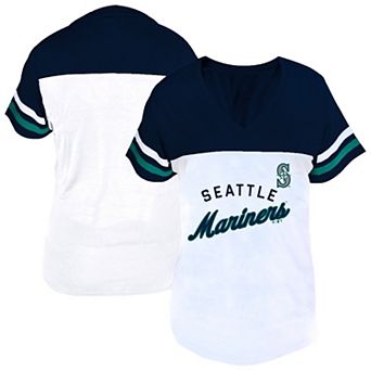 Women's Profile White/Navy Seattle Mariners Plus Size Two-Stripe V-Neck T-Shirt