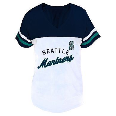 Women's Profile White/Navy Seattle Mariners Plus Size Two-Stripe V-Neck T-Shirt