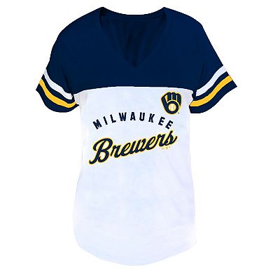Women's Profile White/Navy Milwaukee Brewers Plus Size Two-Stripe V-Neck T-Shirt