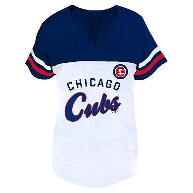 Women's Profile White/Royal Chicago Cubs Plus Size Two-Stripe V-Neck T-Shirt