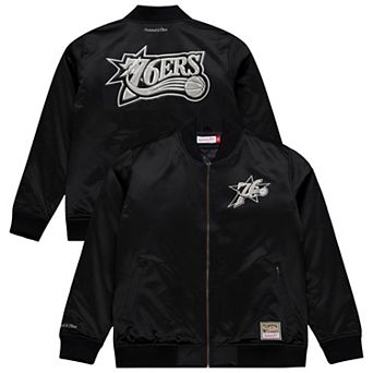 Men's Mitchell & Ness Black Philadelphia 76ers Chrome Satin Bomber Full-Zip Jacket