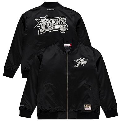 Men's Mitchell & Ness Black Philadelphia 76ers Chrome Satin Bomber Full-Zip Jacket