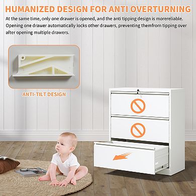 VIYET 3-Drawer File Cabinet - Locking Metal File Cabinet for Legal/Letter/A4/F4 Size