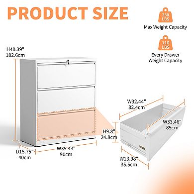 VIYET 3-Drawer File Cabinet - Locking Metal File Cabinet for Legal/Letter/A4/F4 Size