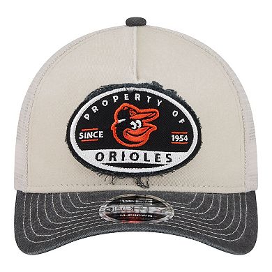 Men's New Era Light Beige/Black Baltimore Orioles Frayed M-Crown A-Frame 9FORTY Trucker Adjustable Hat