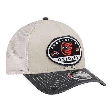 Men's New Era Light Beige/Black Baltimore Orioles Frayed M-Crown A-Frame 9FORTY Trucker Adjustable Hat