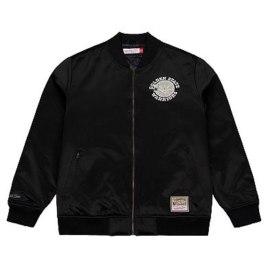 Men's Mitchell & Ness Black Golden State Warriors Chrome Satin Bomber Full-Zip Jacket