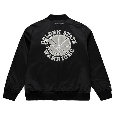 Men's Mitchell & Ness Black Golden State Warriors Chrome Satin Bomber Full-Zip Jacket