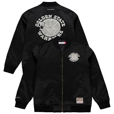 Men's Mitchell & Ness Black Golden State Warriors Chrome Satin Bomber Full-Zip Jacket