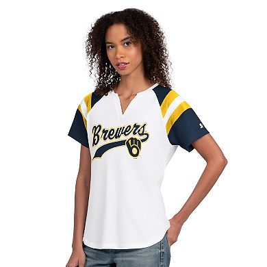 Women's Starter White Milwaukee Brewers Game On Notch Neck Raglan T-Shirt