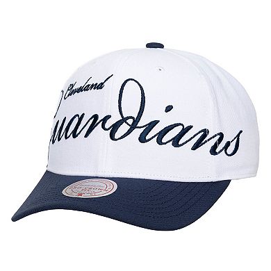 Unisex Mitchell & Ness White/Navy Cleveland Guardians XL Script Pro Crown Adjustable Hat