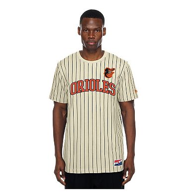 Men's New Era Cream Baltimore Orioles Throwback Meshback Pinstripe T-Shirt