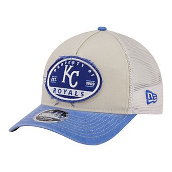 Men's New Era Light Beige/Royal Kansas City Royals Frayed M-Crown A-Frame 9FORTY Trucker Adjustable Hat